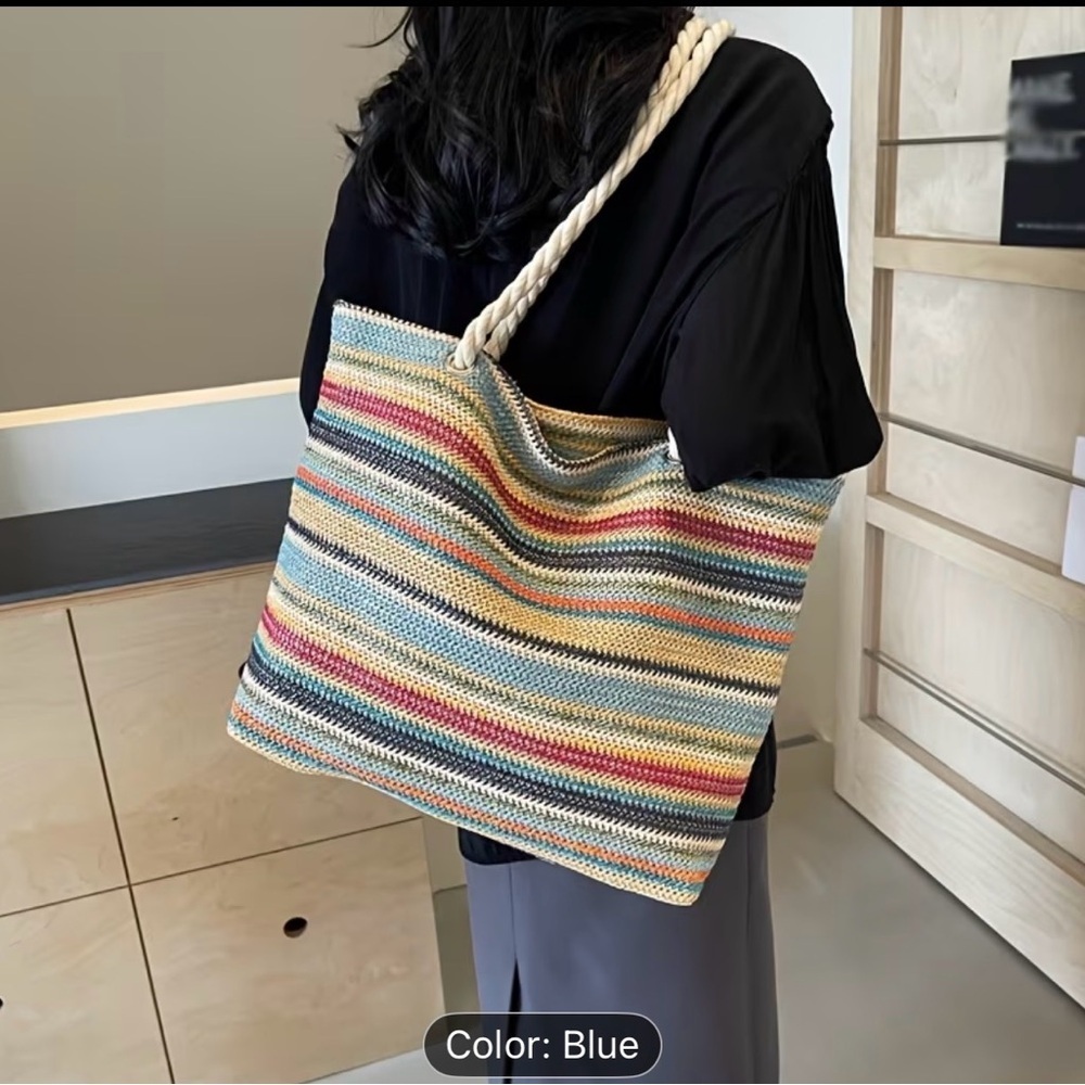 Striped Multicolor Rope-Handle Tote Bag - Blue and Cream